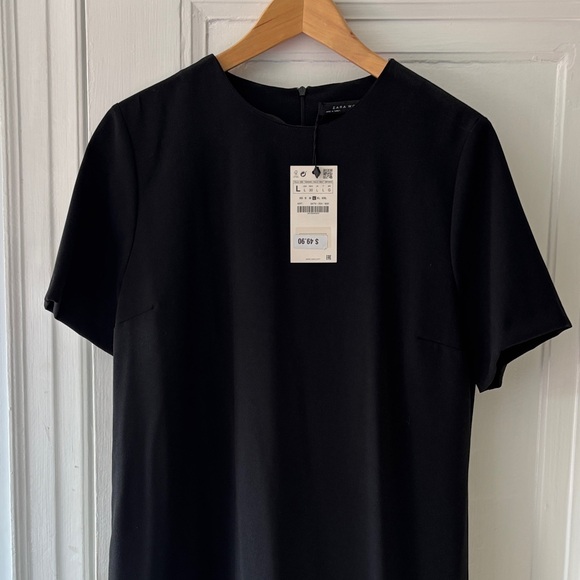 Zara NWT Black Short Sleeve Black Dress with Tassel Hem Sz L - Picture 4 of 5